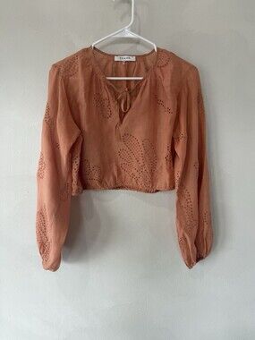 $298 Frame Women's Orange Eyelet Long Slv Balloon crop Top Blouse Top XS Shirt